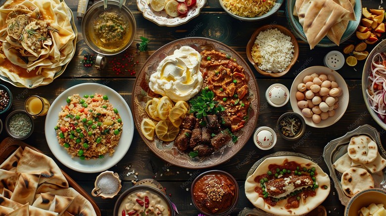 Một bàn ăn với các món Trung Đông phổ biến như hummus và shawarma
