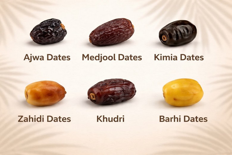 Chà là Ajwa đen nhỏ bên cạnh chà là Khalas vàng mật ong