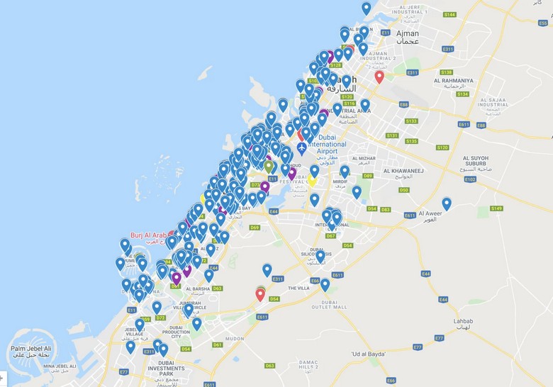 Bản đồ khu vực Dubai với các điểm nhà hàng châu Á